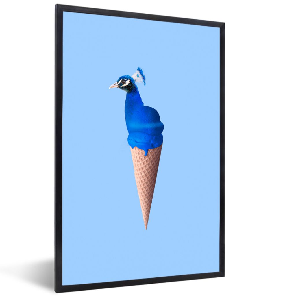 MuchoWow Gerahmtes Poster Pfau - Eistüten - Eiscreme - Blau - Vogel 40x60 cm - Poster mit Schwarzem Bilderrahmen Wandposter Rahmen Foto Bilder -...