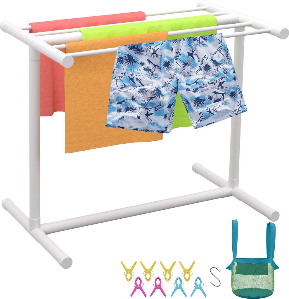 SucceBuy 5-Stangen-Pool-Handtuchhalter, PVC T-Form für den Außenbereich, weiß, freistehender Aufbewahrungs-Organizer, Handtuchklammern, Netztasc...