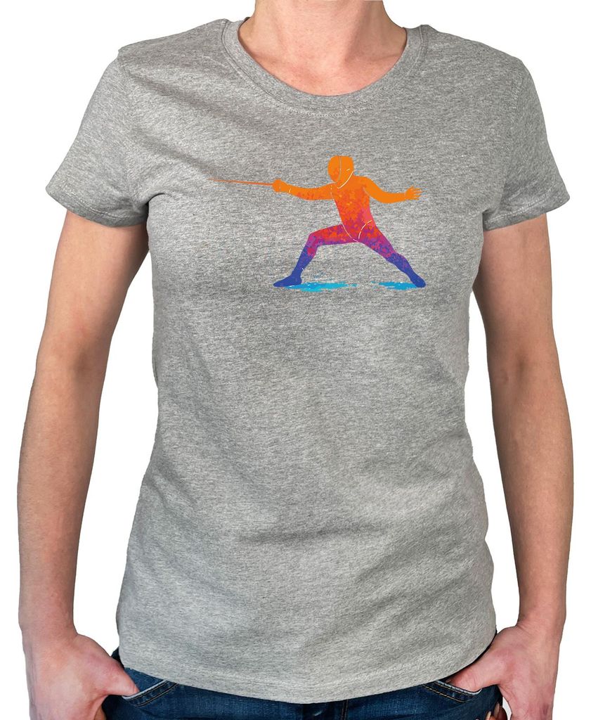 Huuraa Damen T-Shirt Fechten bunte Silhouette M Sport Grey Bio Baumwolle Fairtrade Damenshirt Geschenkidee