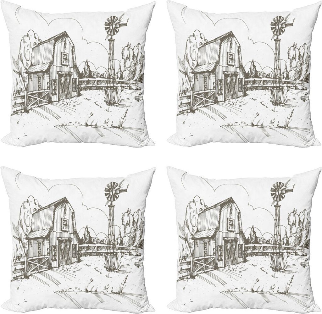 ABAKUHAUS Windmühle Kissenbezug Set (4 Stück), Rustikale Scheune, Moderner Doppelseitiger Digitaldruck, 40 cm x 40 cm, Dunkelbraun und Weiß
