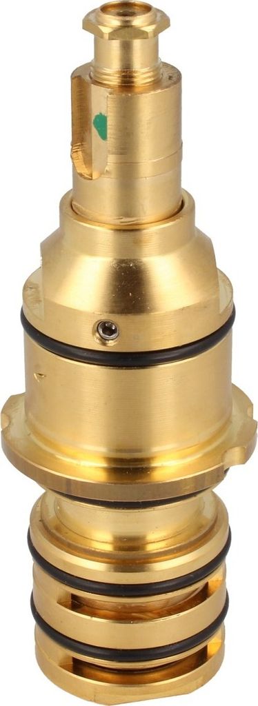 A close-up studio shot of a brass thermostat cartridge.