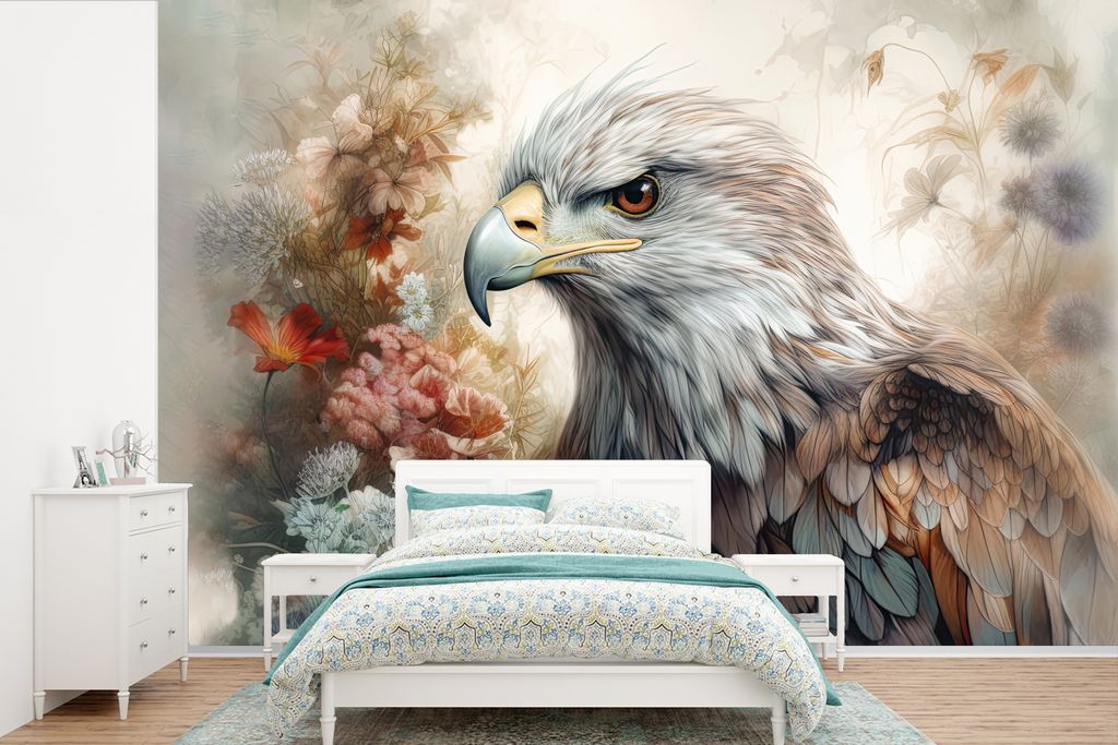 MuchoWow Fototapete für Wohnzimmer oder Schlafzimmer Wandtapete Vinyl Motivtapete Adler - Adler - Vogel - Blumen - Natur - 330x220 cm - Fototapeten