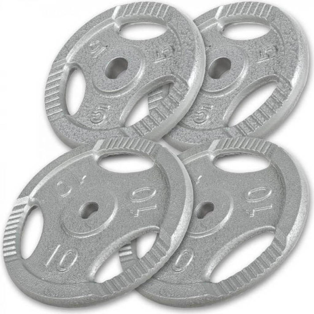 GORILLA SPORTS Hantelscheiben - 30kg Set (2x5 + 2x10 kg) Gewichte, Tri-grip, 30mm, Gusseisen, Silber - Gewichtsscheiben, Hanteln Set