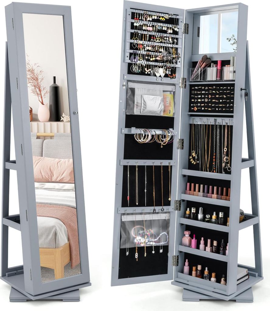 GOPLUS 3 in 1 Schmuckschrank mit spiegel, Spiegelschrank stehend, 360°drehbar, abschließbar, Schmuck Organizer mit Stauraum & Ablagefächern (Grau)