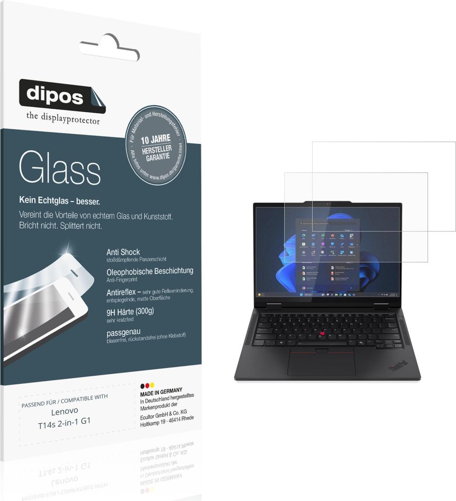 2x Schutzfolie für Lenovo T14s 2-in-1 G1 matt - Anti-Shock 9H Folie dipos Glass Kunststoffglas