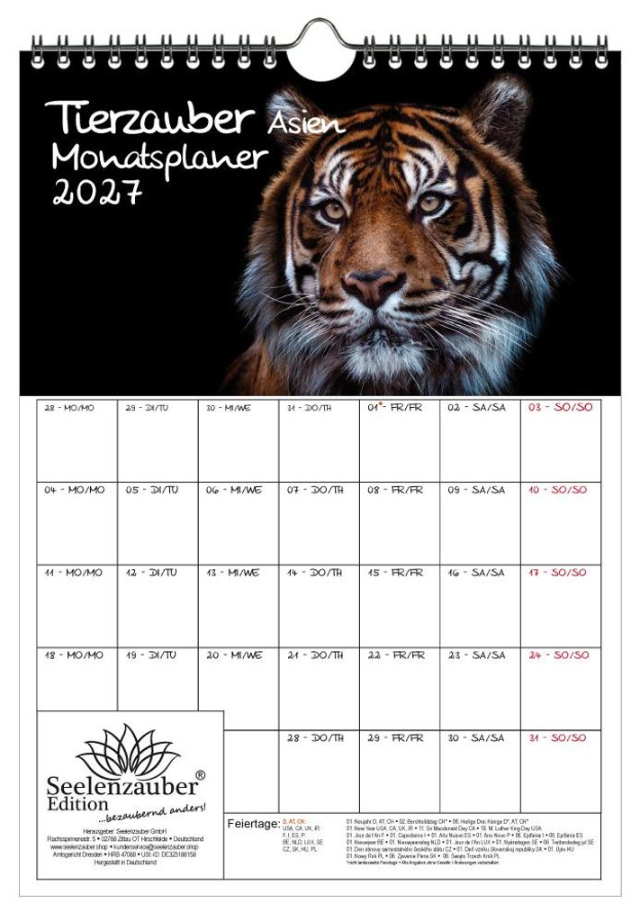 Tierzauber Asien Planer DIN A4 Kalender für 2027 Tiere Wald Natur Baum - Geschenkset Inhalt: 1x Kalender, 1x Weihnachtsanhänger (insgesamt 2 Teile)