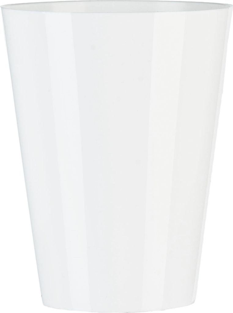 A plain white background shot of a white flower pot.
