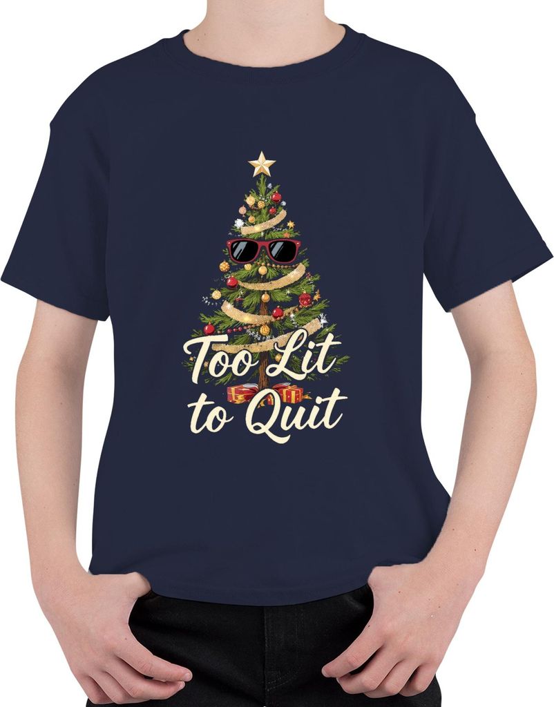 Too Lit to Quit Christmas Tree Sunglasses Lustig Geschenk Party Uni Kinder T-Shirt, Navy, 128