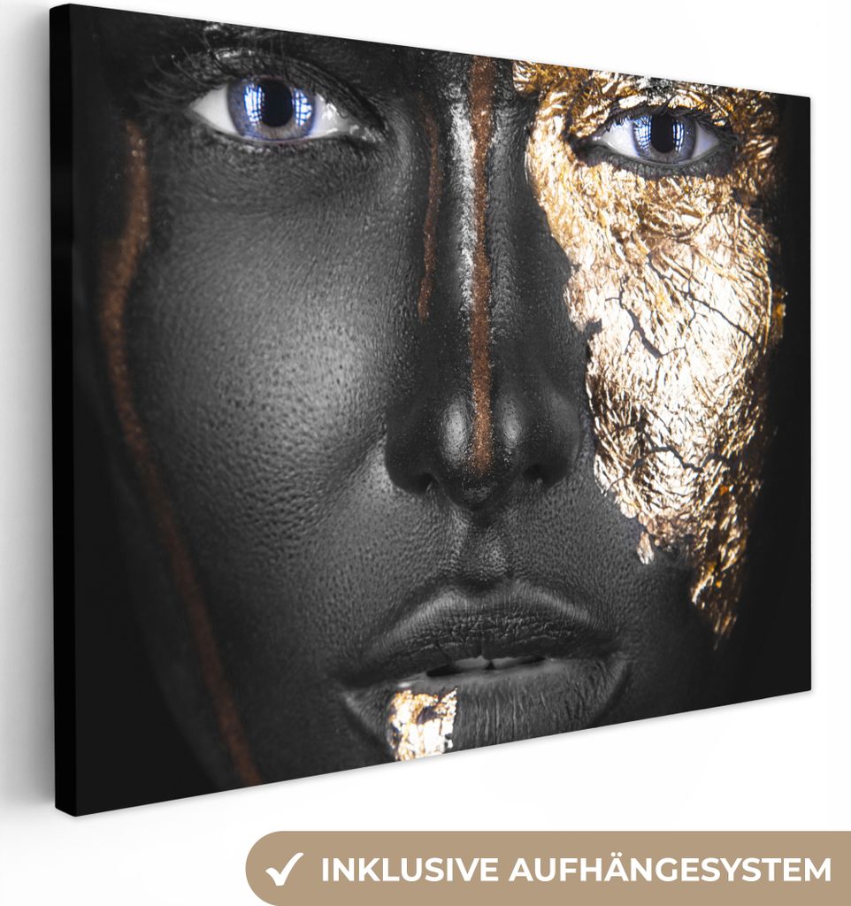 MuchoWow - Leinwandbilder - Frau - Blattgold - Schwarz - Gold - Luxus, Wandbild, Wanddeko Bilder Wohnzimmer, 120x90 cm