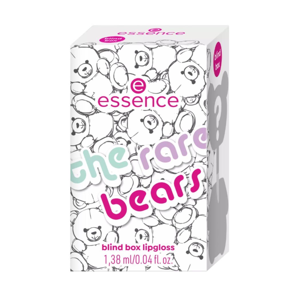 A product box for Essence Lipgloss The Rare Bears Box, featuring a pattern of teddy bears and the product name.