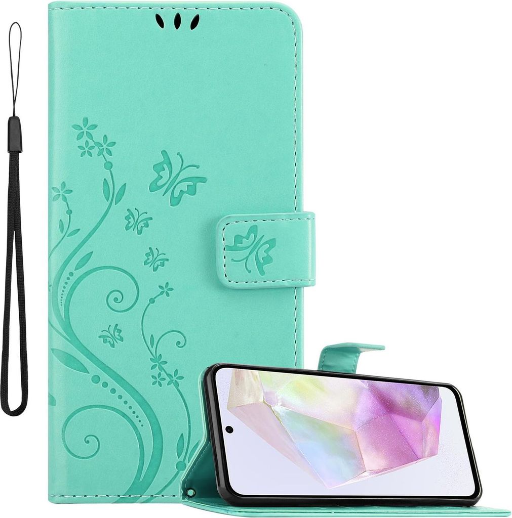 Cadorabo Hülle für Samsung Galaxy A35 in FLORAL TÜRKIS Schutzhülle im Blumen Design mit Magnetverschluss, Standfunktion und Kartenfächern Flip...