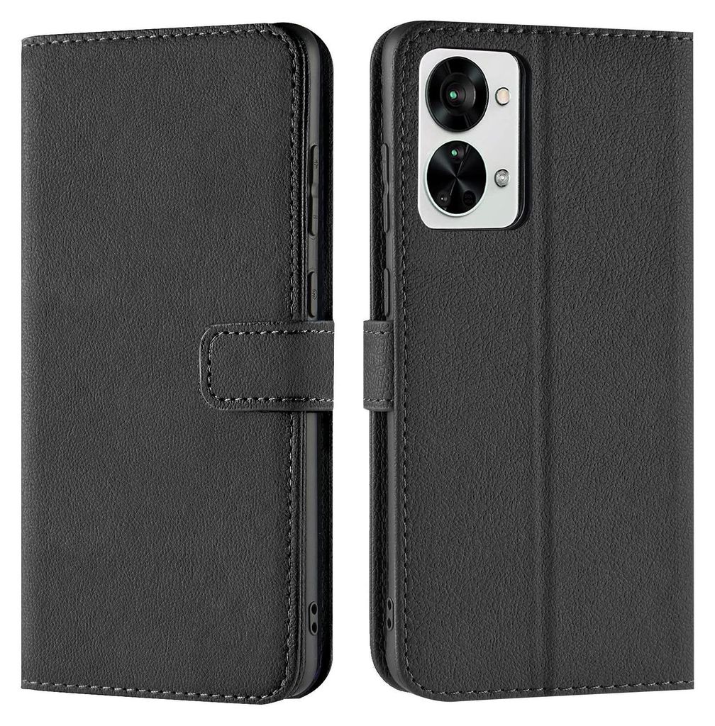 A black book-style phone case for a OnePlus Nord 2T 5G is shown from the front and back.