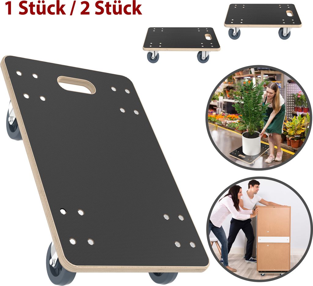 UISEBRT 2er Set Transportroller mit 2x Feststellbremse, 40x60 cm Siebdruckplatte, bis 200 kg, Möbelroller mit PP-Rädern, Transporthilfe für Umzu...