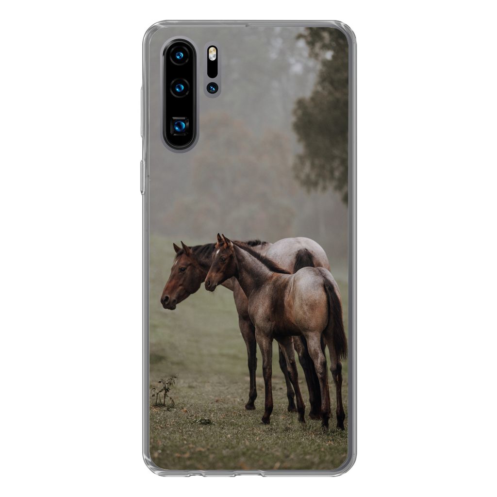 MuchoWow Handyhülle Schutzhülle Hülle für Huawei P30 Pro Pferde - Natur - Nebel Silikon Softcase Handy Hülle - Schutzdeckel