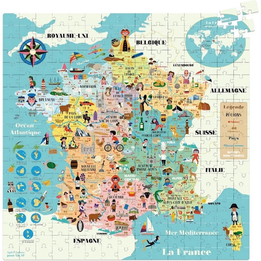Puzzle géographique de la France 300 pièces - Grand format illustré