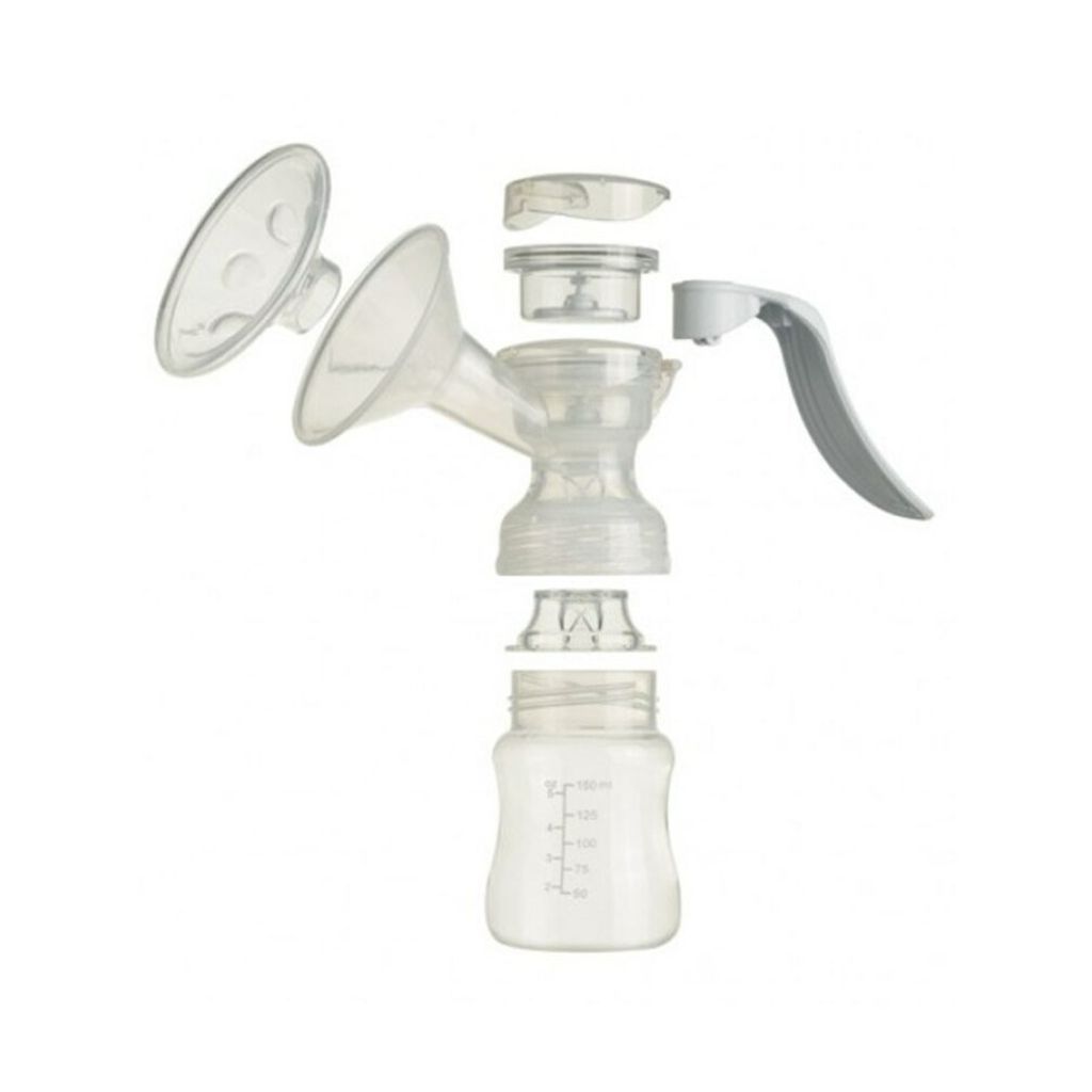 An exploded view of a manual breast pump and its components, including the flange, valve, handle, and bottle, arranged against a white background.