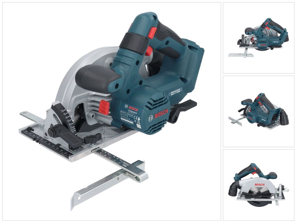 A Bosch circular saw is shown from a slightly elevated, diagonal angle against a white background. The saw is teal and gray with black and red accents. Multiple smaller images of the saw are arranged to the right of the main image.