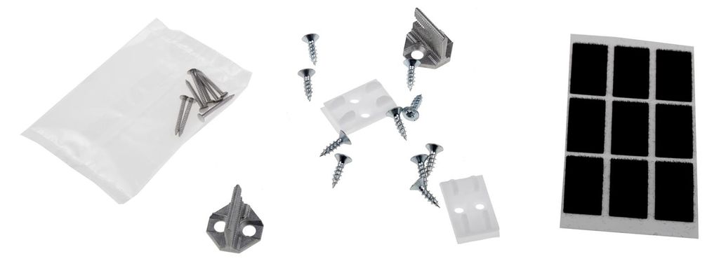 A collection of hardware components for installation, including screws, brackets, and adhesive pads.