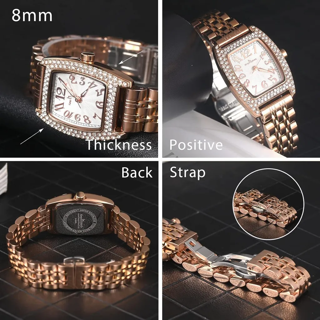 MICGIGI orologio da polso al quarzo da donna, orologio analogico rettangolare con finiture in pietra, quadrante casual, orologio da polso in acciaio inossidabile per l'eleganza di tutti i giorni - 5