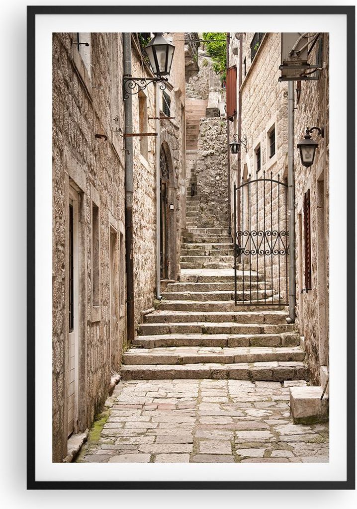 Gerahmtes Poster - Schwarzer Rahmen - Treppen Kroatien Dubrovnik - 61x91,5 cm - Wand Bild - Wanddeko - Wandbilder - Kunstposter - Wandposter - Bild...