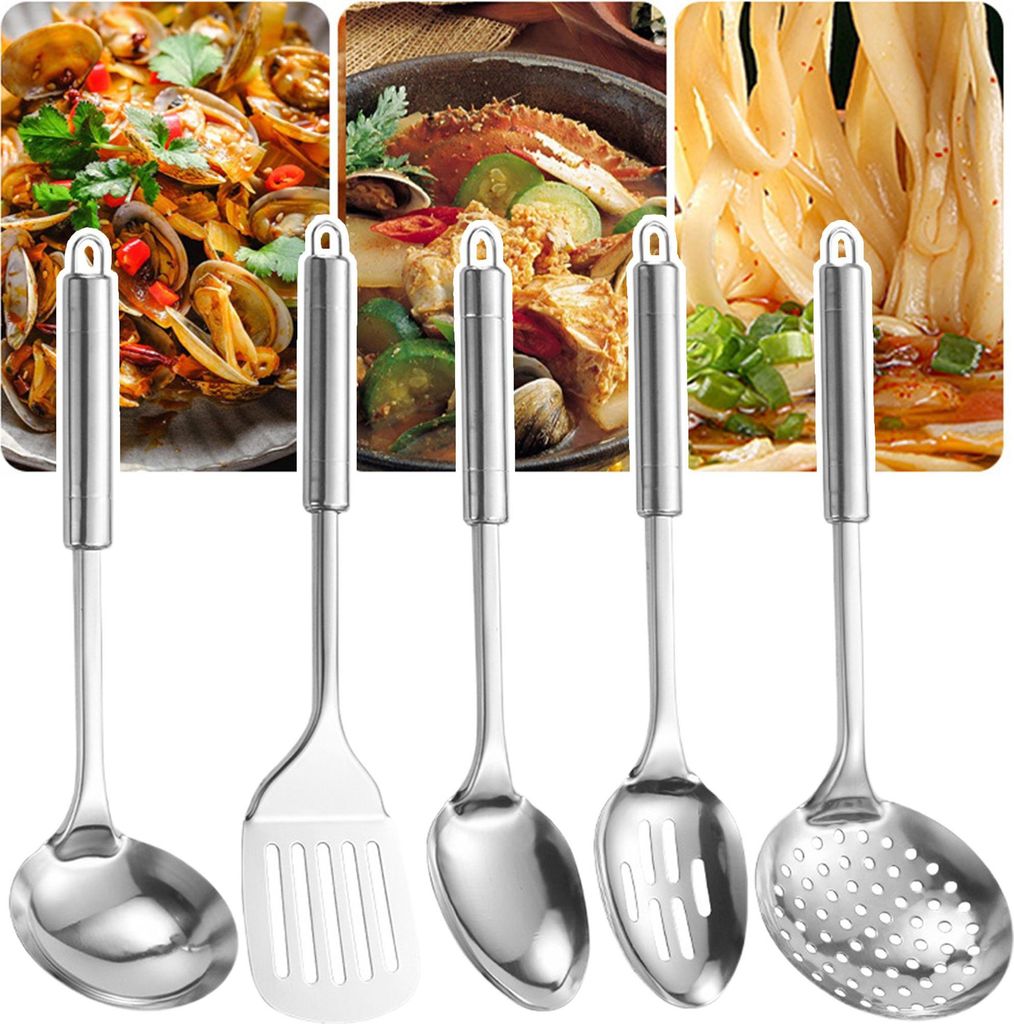 5Pcs Edelstahl Küchenutensilien Set Hitzebeständig Antihaft Löffel Spatel mit Hängeloch Ergonomischer Griff Kochwerkzeuge