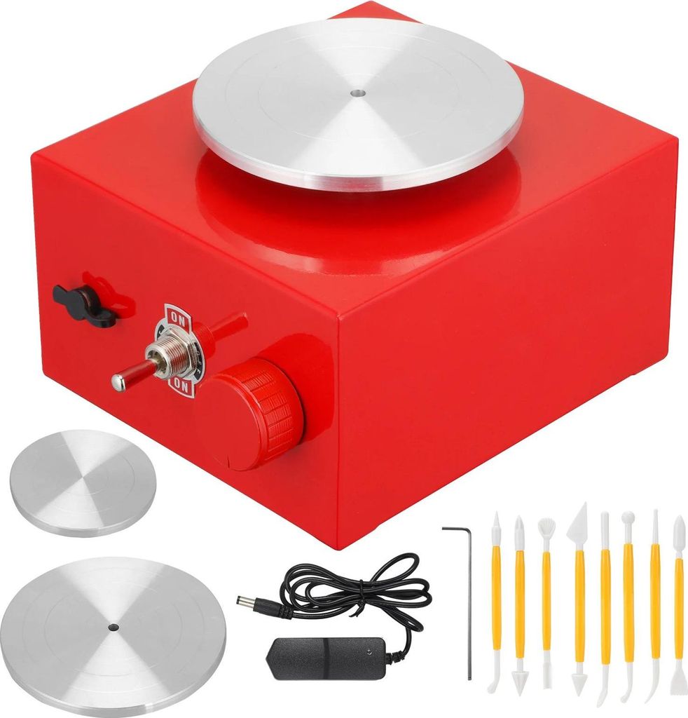 Mini Töpferscheibe - Elektrische Töpferscheibe - Drehteller 6,5 cm & 10 cm - Mit Auffangschale - Für DIY Ton & Keramik - Rot