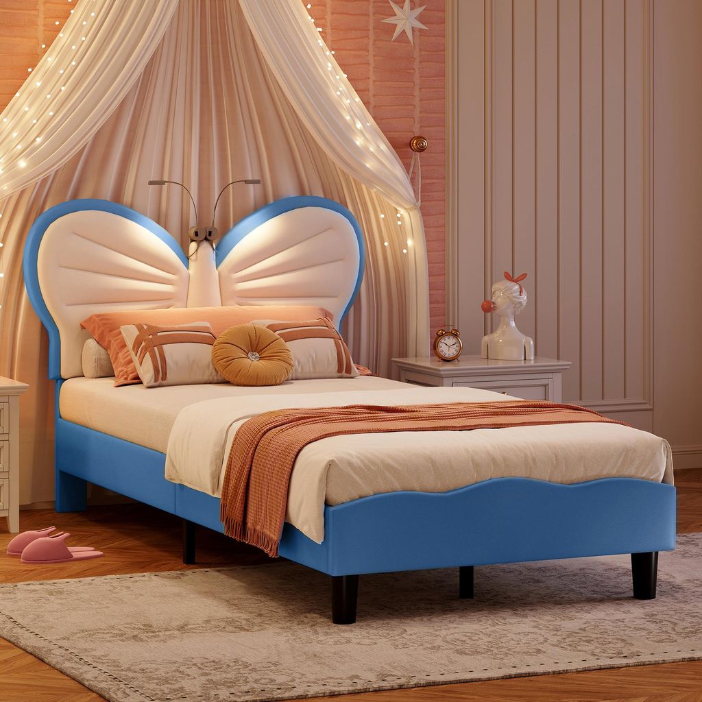 Letto per bambini 90x200 cm in velluto blu e rosa - Testata Immagine del prodotto 