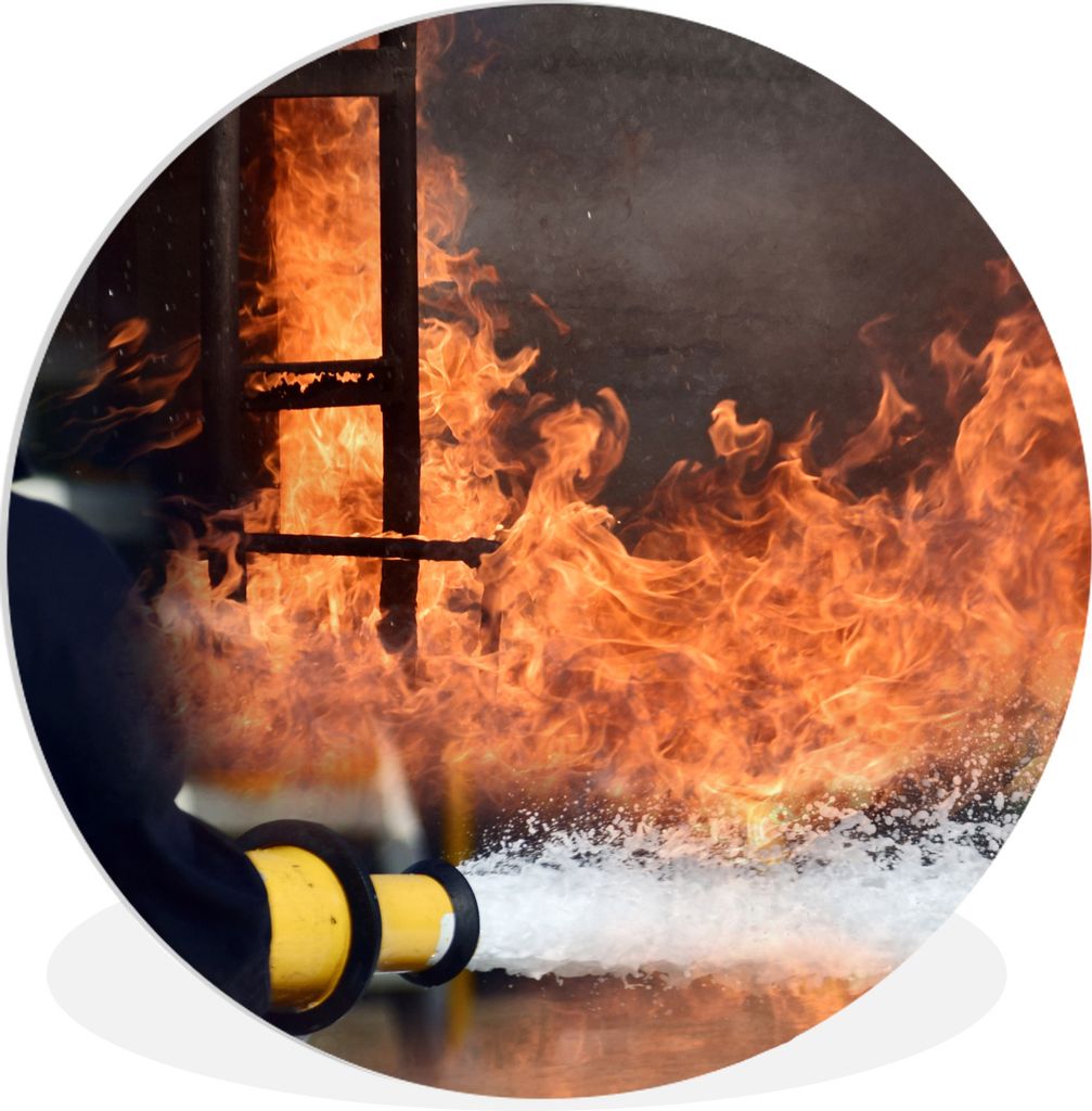 MuchoWow Rundes Wandbild - Runde Bilder Feuerwehr löscht das Feuer mit Schaum Ø 30 cm Kreis Wanddekoration Kunststoff - Wandkreis - Wandschmuck...