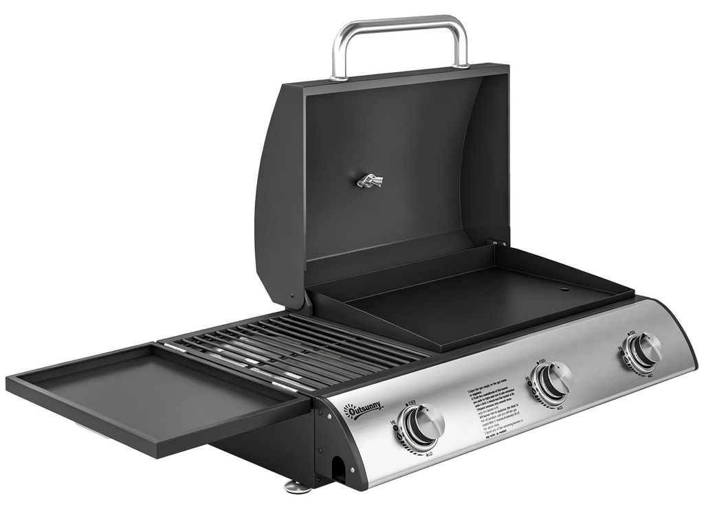 Gasgrill 7,5 KW Tragbarer Tischgrill mit 3 Brenner Seitentisch Bratenplatte Emaille-Grillroste Fettauffangschale