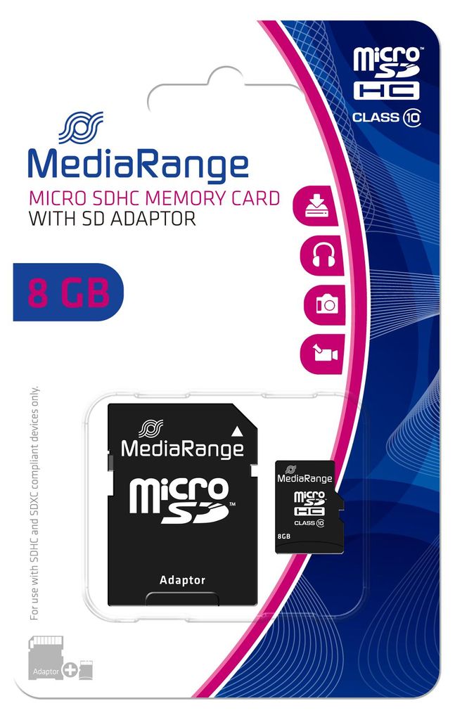 MediaRange SD MicroSD karta 8GB SD CL.10 včetně adaptéru Obrázek produktu 