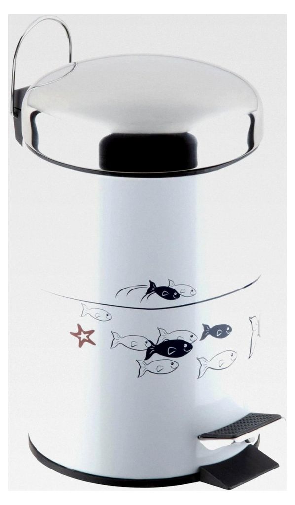 Treteimer Fische Bad-Abfalleimer 3 Liter, Kosmetikeimer aus pulverbeschichtetem Stahl mit Edelstahl-Deckel, Metall, weiß mit Motiv, 23 x 17 x 26 cm