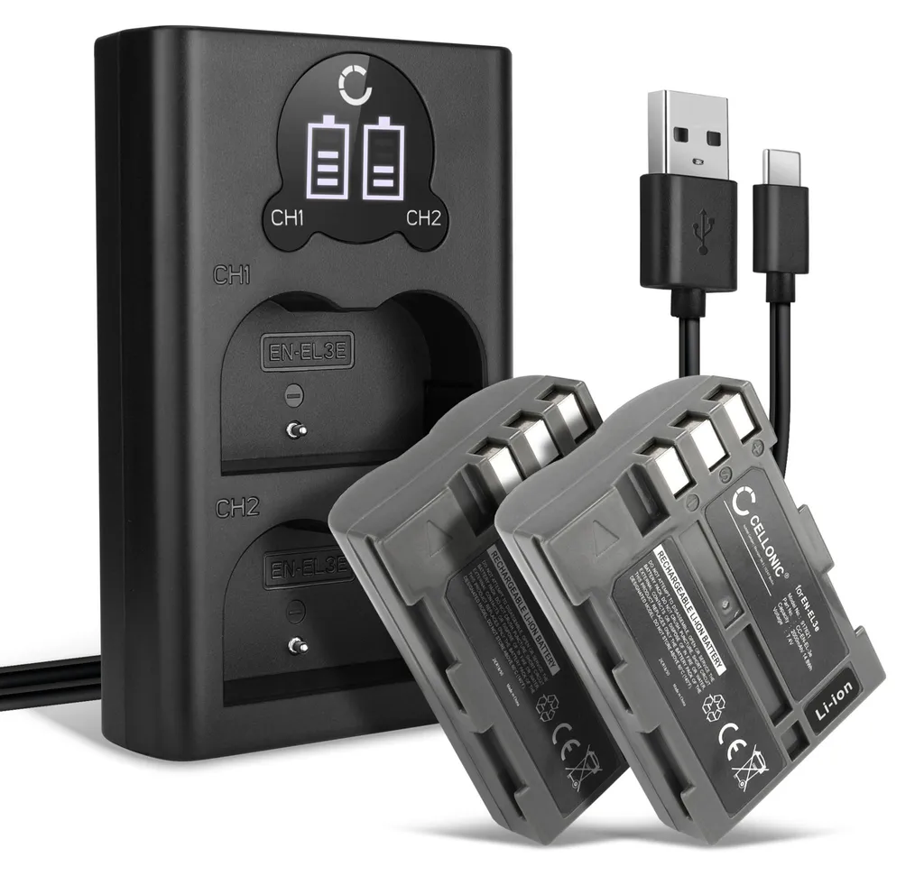 Batterie EN-EL3e 2000mAh et Chargeur USB Double pour Nikon D700 D90 D300