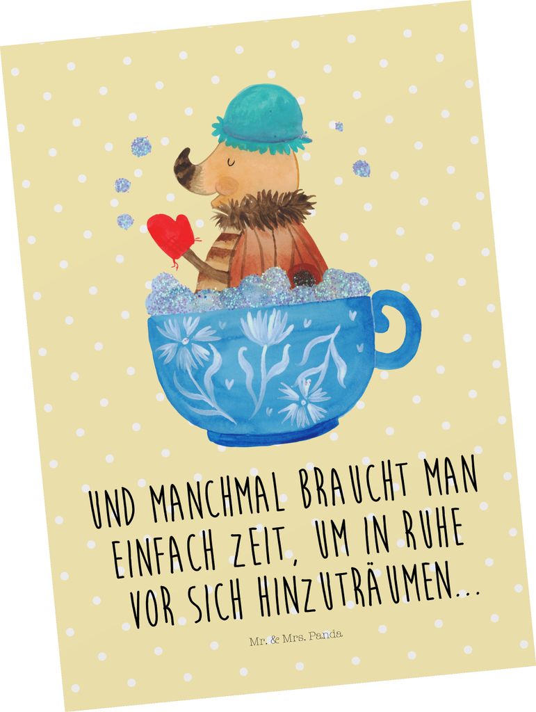 Mr. & Mrs. Panda Ansichtskarte Nachtfalter Schaumbad - Gelb Pastell - Geschenk, Postkarten, Ziele, Postkarte, WC, Fotokarte, Baden, Träumen, Bad, ...