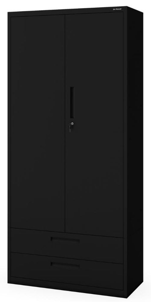 Metallschrank mit Doppel-Schublade MEGAN 195x90x40cm Schwarz | Büroschrank Aktenschrank Stahlschrank Fachbodenschrank Werkstattschrank