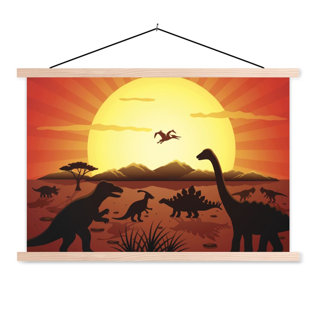 MuchoWow Textilposter Dino - Sonne - Natur - Zeichnung - Kinder - Jungen 120x80 cm mit holzfarbenen Rahmen - Aufhängeset