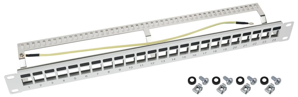 STP Keystone-Patchpanel für 19 Zoll Serverschränke von HMF mit 24 Ports RJ45 in Lichtgrau