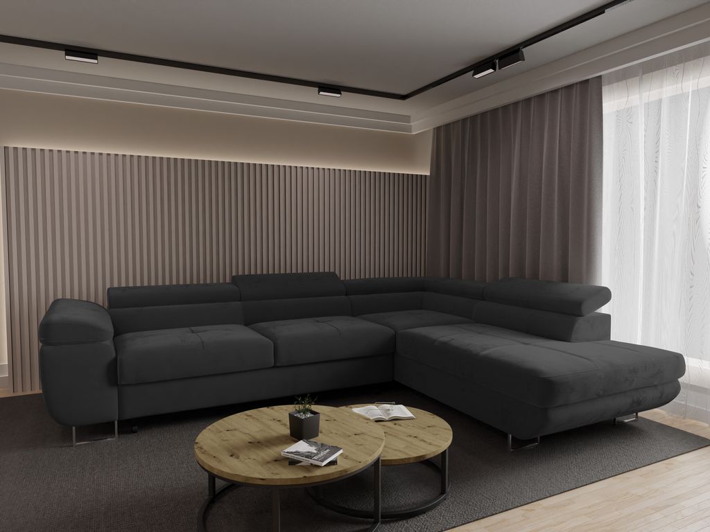 4ALLHOME Ecksofa Luna mit Schlaffunktion, Couch, Sofa mit Bettkasten, Eckcouch, L-Form Seite: Rechts, Monolith 95 Dunkelgrau