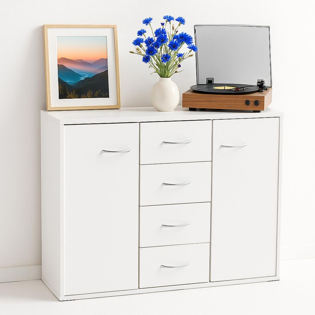 Sideboard Weiß mit 4 Schubladen & 2 Türen, Kommode 88x30x63cm, Mehrzweckschrank für Schlafzimmer, Wohnzimmer & Flur, Badschrank, Modernes Design