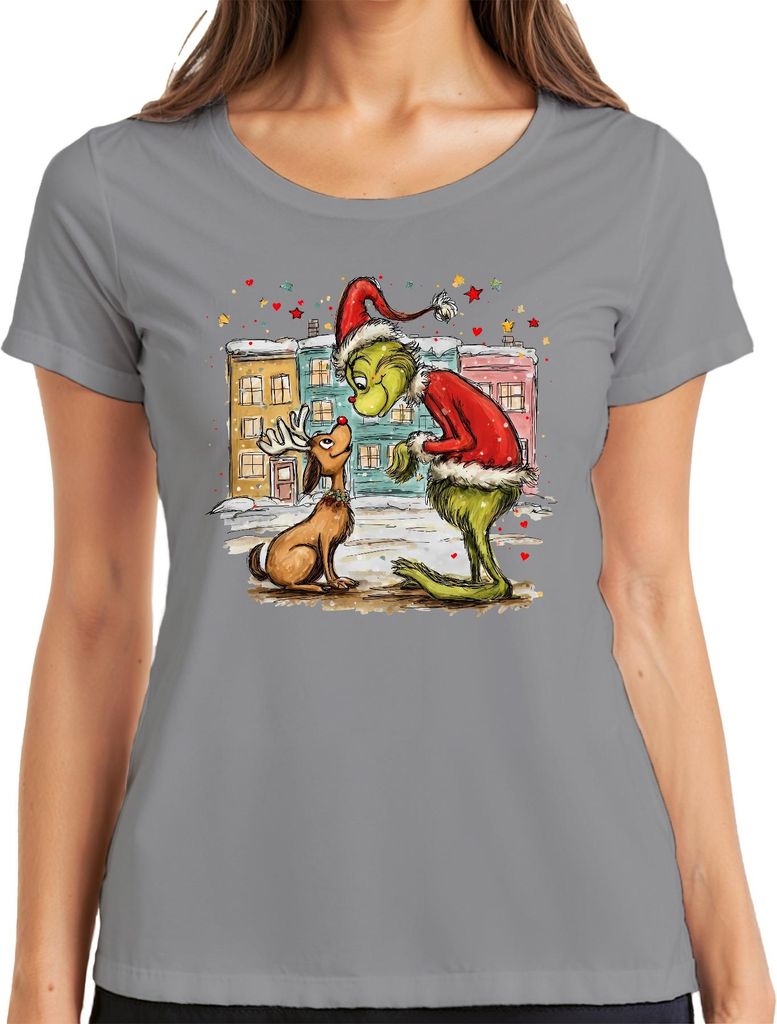 Grinch Rentier rote Nase Weihnachten lustig Geschenk Retro Damen T-Shirt, Grau, S