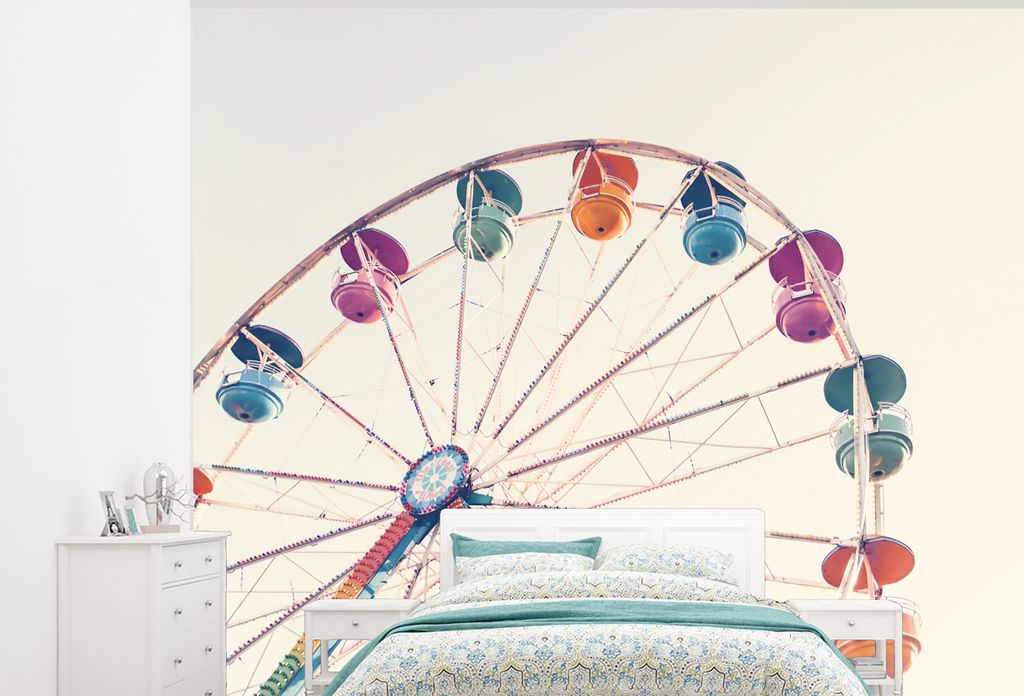 MuchoWow Fototapete für Wohnzimmer oder Schlafzimmer Wandtapete Vinyl Motivtapete Riesenrad - Attraktion - Luft - Sommer - Orange - 300x240 cm -...