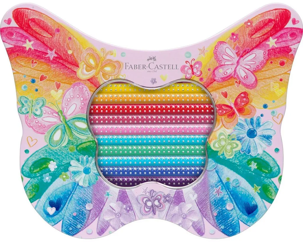 Crayons Sparkle Faber-Castell Ergonomiques et Boîte Thème Papillon Rose