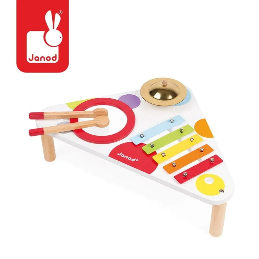 Janod Table à Musique Multicolore Confetti - Support Bois 4 Instruments