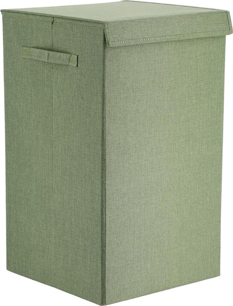 A green fabric laundry basket with a lid and handles, shown from a slightly angled front view against a white background.