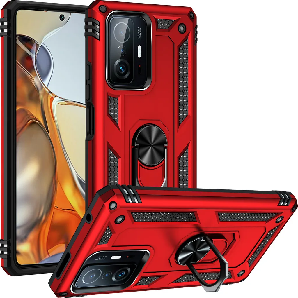 Custodia per Xiaomi Mi 11T / Mi 11T Pro a doppio strato robusta, protezione militare con supporto ad anello e supporto rosso