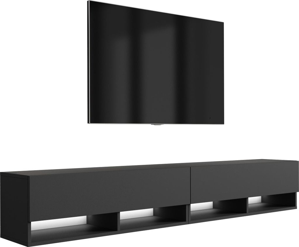 TV-Lowboard 200 (2 x 100) cm Mattschwarz, LED weiß, 200 × 32 × 34 cm