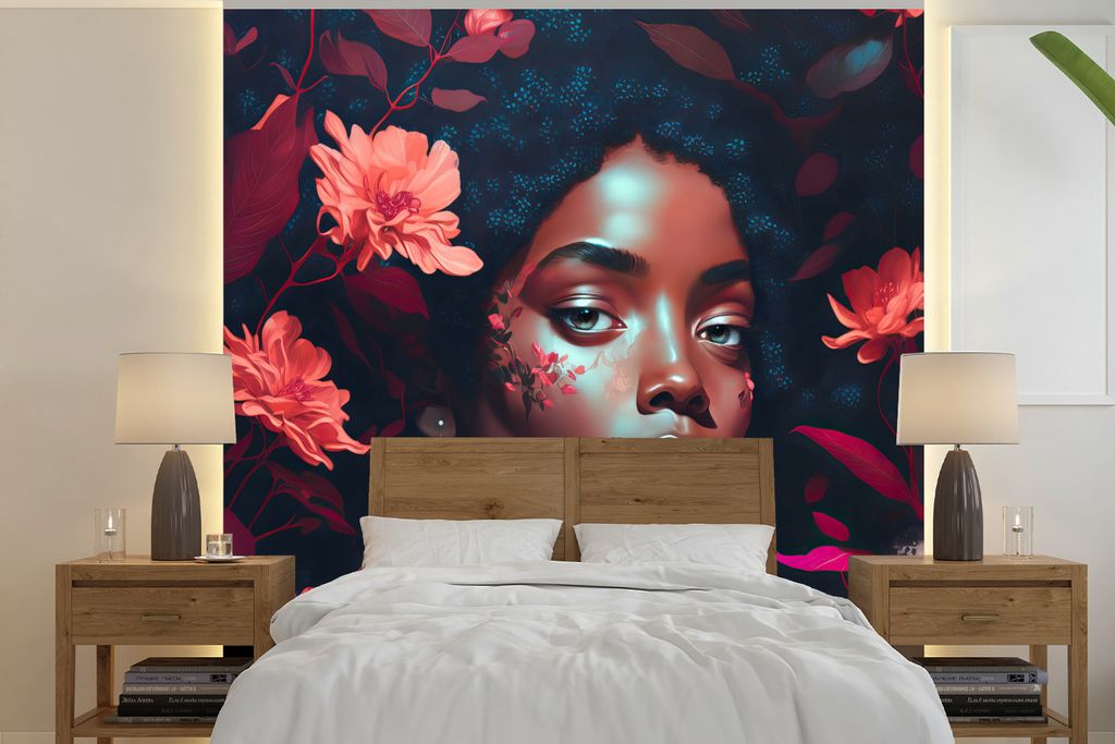 MuchoWow Fototapete für Wohnzimmer oder Schlafzimmer Wandtapete Vinyl Motivtapete Blumen - Frau - Porträt - Illustration - 350x350 cm - Schlafz...