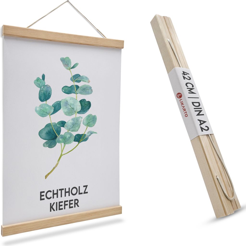 LIKARTO Premium-Posterleiste Holz Kiefer A2 | 42 cm - Hochwertige magnetische Bilderleiste aus Echtholz inkl. Lederband - Einfaches Bilder aufhängen