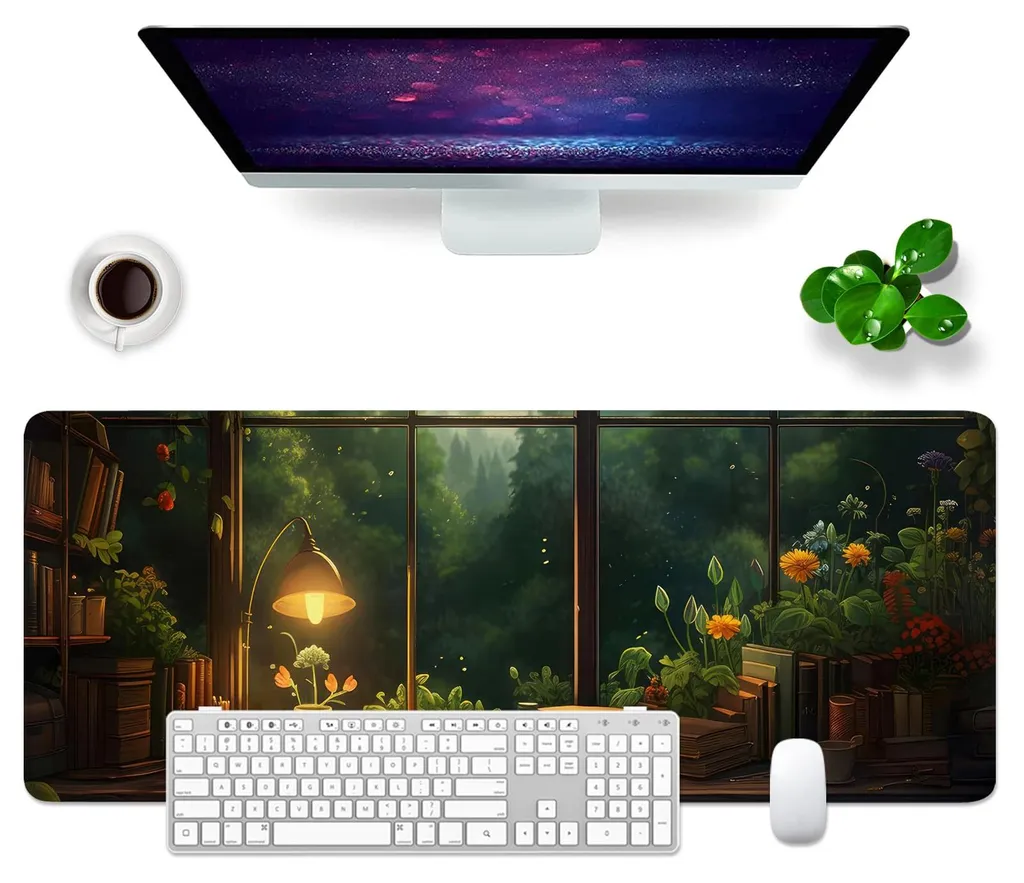 Grand sous-main de bureau motif floral vert 80x30 cm tapis de souris