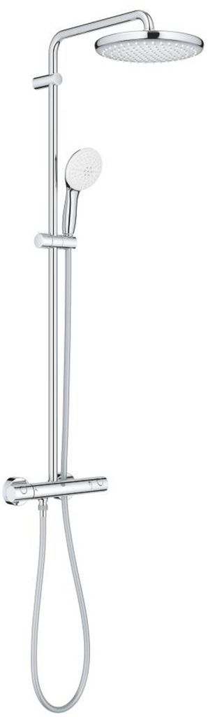 A modern chrome shower system with a rain shower head and a handheld shower head.