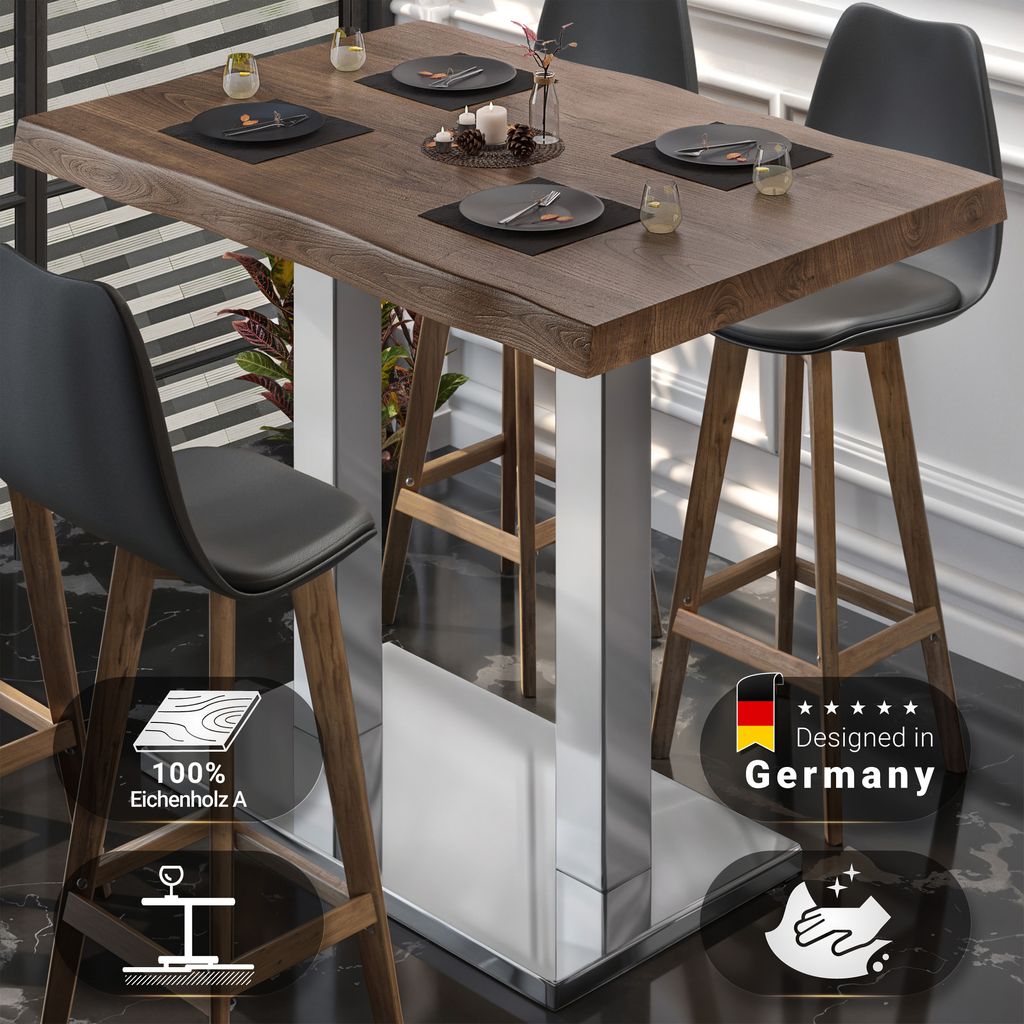 PMD | Bistro Stehtisch Baumkante | B:T:H 120 x 70 x 110 cm | Walnuß / Edelstahl | Quadratisch | Bartisch Gastro Stehtisch Bistrotisch